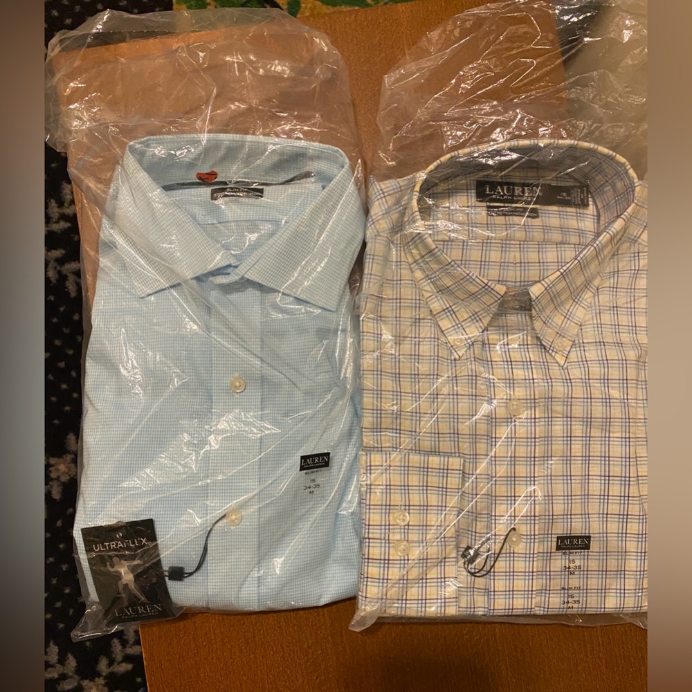 TWO (2) MEN’S RALPH LAUREN DESS SHIRTS PATTERNED & STRIPED 15 34/35 SLIM FIT